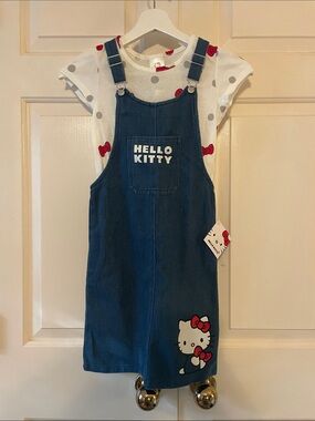 NWT Hello Kitty Girl's Denim Overall Dress Set | Adorable Kidcore Style 7/8